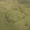 Oblique aerial view centred on the remains of the settlement and earthwork , taken from the SW.