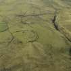 Oblique aerial view centred on the remains of the settlement and earthwork with the triangular tracked target range in the back ground, taken from the NE.