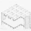 Axiometric detail of youth hostel, showing design for roof.
