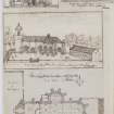 Digital copy of page 31 verso: Ink sketches of North elevation, a tablet, South elevation and plan of Lady Kirk, near Duns
'MEMORABILIA, JOn. SIME  EDINr.  1840'