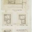 Digital copy of page 53. Detail of chimney piece in South room on third floor and plans of first, second, third and fourth floors and battlements of Clackmannan Tower.
MEMORABILIA, JOn. SIME  EDINr.  1840
