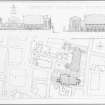 Coventry Cathedral competition.
Sectional elevations from S; ground plan of ruins of old cathedral and new cathedral.
