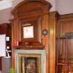 Interior. Detail of fireplace and chimney breast in directors board room on second floor.