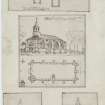 Digital copy of page 64 verso: Ink sketches of Crail Church, Dairsie Church and obelisk near Kingsbarns.
'MEMORABILIA, JOn. SIME  EDINr.  1840'
