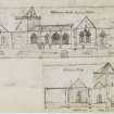 Digital copy of page 71 verso: Ink sketch showing all elevations of Church and ink sketch showing North Transept and West side of Tower and Transept of St Monan's Church, Fife. 
'MEMORABILIA, JOn. SIME  EDINr.  1840'
