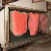 Interior. Main Building, ground floor. Drying Area. After the hides have been lightly tanned, dried and sorted, they are dyed and oils added and then dried on a glass wall drier.