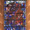 Interior. Detail of Chancel stained glass widow by William Wilson 1947 depicting steelworkers