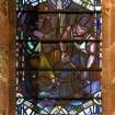 Interior. Detail of Chancel stained glass window by William Wilson 1947 depicting miners