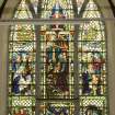 Interior. View of S transept stained glass window by F Hase Haydon of Abbey Studio