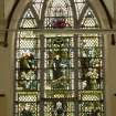 Interior. View of N transept stained glass window by F Hase Haydon of Abbey Studio