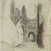 Digital copy of page 83 verso: Arbroath Abbey; etching showing general view of gateway
'MEMORABILIA, JOn. SIME  EDINr.  1840'
