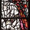Interior. Detail S Transept Stained glass window by Douglas Strachan dated 1914 of The Revelation