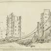 Drawing of the demolition of Parliament Square buildings in Edinburgh after a fire. Titled "Preparations for pulling down the Great Gable. Friday evening 19th Novr. Etched by W H Lizars".