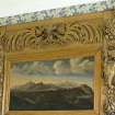 Interior.  Detail of wood carving and 17th century painting of Edinburgh above fireplace in 'Blue Room.