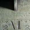 Detail of brass plate showing makers name inscription on the Western sundial, Craigiehall House, Edinburgh.