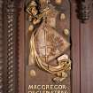 Interior. Choir, detail of coat of arms (Macgregor of Glen Strae ) on back of stall