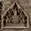 Interior. Detail of carved armorial panel dated 1678 set into W end of N wall