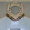 Interior. Ground floor, lobby, detail of decorative plaster panel with motto