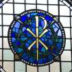 Interior. Detail of roundel of stained glass