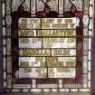 Interior. Upper hall. David Ballantyne and Isabella Milne memorial stained glass window. Detail of  memorial plaque