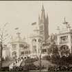 View of buildings at the International Exhibition in Glasgow 1901 with Glasgow University in the background.

