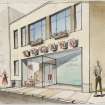 Presentation drawing of artists impression of street front of Lugano Restaurant and Bar, Largs.