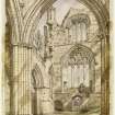 Sweetheart Abbey by R W Billings, 1848. The preparatory drawing for the engraved plate for 'The Baronial and Ecclesiastical Antiquities of Scotland.