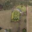 Oblique aerial view centred on the walled garden and estate cottage, taken from the S.