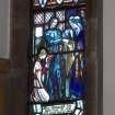 Interior. Vestibule. View of G Strathairn Memorial stained glass window by Douglas Strachan of Pilgrims Progress 1926