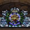 Interior. Clearstorey View of stained glass window Regimental Badges by Alexander Strachan