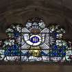 Interior. Clearstorey View of stained glass window Regimental Badges by Alexander Strachan