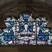 Interior. Clearstorey View of stained glass window Regimental Badges by Alexander Strachan