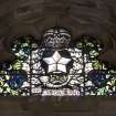 Interior. Clearstorey View of stained glass window Regimental Badges by Alexander Strachan