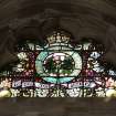 Interior. Clearstorey View of stained glass window Regimental Badges by Alexander Strachan