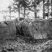 Photograph of recumbent stone and flankers at Loanhead of Daviot, taken from SW.
Titled: "Loanhead. Recumbent Stone and Flankers".