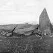 Photograph of recumbent stone circle at Inschfield, taken SW.
Titled: "Inschfield (Nether Boddam). Recumbent Stone and Flanker".