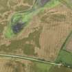 Oblique aerial view of the cropmarks of the pits, rig and furrow and field boundaries, taken from the NW.