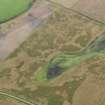 Oblique aerial view of the cropmarks of the enclosure, barrows, field boundary and pits at West Myroch, taken from the NW.