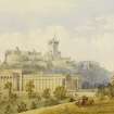 Perspective view of proposed Albert Memorial Keep at Edinburgh Castle, with National Gallery in foreground.
