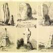 Drawing showing view of six Standing Stones and Wayside Crosses by James Drummond 1840.
Inscribed: 'Standing Stones and Wayside Crosses. No. 1 The Caiy Stane, near Edinburgh. No. 2 Dardanus' Stane, Aberdeenshire. No. 3 The Catt- Stane, Kirliston. No. 4 Wayside Cross at Preston, near Dunse. No. 5 Wayside Cross at Markinch. No.6 Wayside Cross at Cross-Rigg, near Biggar.'