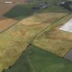 Oblique aerial view of the cropmarks of the rig and furrow, pits and unenclosed round houses at Hatton Farm, taken from the WNW.