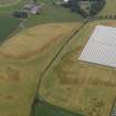 Oblique aerial view centred on the cropmarks of the rig, pits, enclosure, round house and souterrains at Hatton Farm, taken from the WNW.