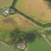 Oblique aerial view of the cropmarks of the square barrow, pits and rig and furrow with Balgove House adjacent, taken from the SSW.