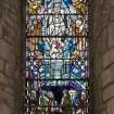 Interior. W Gable stained glass window  by  Douglas Strachan. Detail