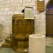 Interior. Pulpit and font. Detail