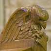 Interior. Chancel. Minister's chair and desk. Detail of Evangelist carving.