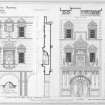 Elevations showing details of North side of quadrangle and North entrance doorway. George Heriot's School, Edinburgh.
Title: 'GEORGE HERIOT'S HOSPITAL  EDINBURGH  HALF-INCH DETAILS'.
Insc on verso: 'R.I.B.A SILVER MEDAL (DRAWINGS) 1891-2'.
