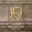 Hamilton House. Ground Floor main hall, detail of fireplace, detail of initials