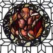 Interior. Detail of stained glass panel in library