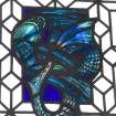 Interior. Detail of stained glass panel in library